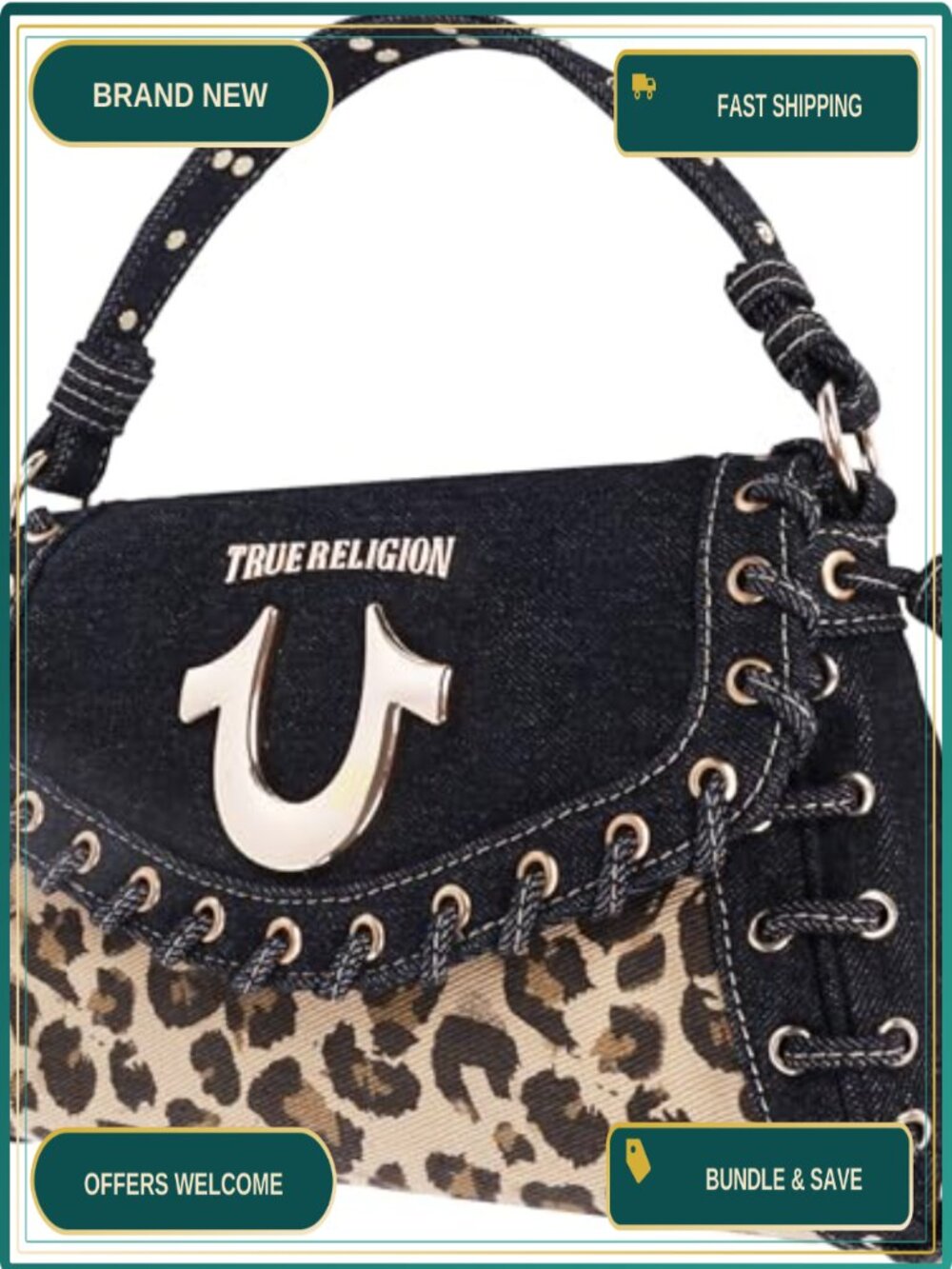 Denim Eyelet Trim Flap Shoulder Bag with Faux Leather Accents